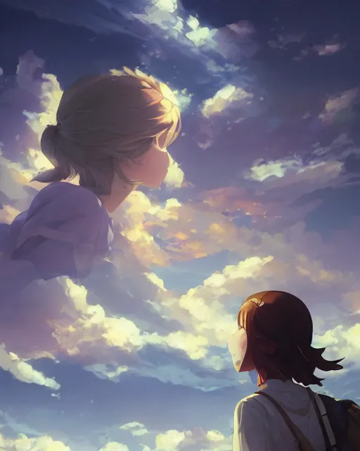 Image similar to a girl watching looking up at the clouds, full shot, atmospheric lighting, detailed face, by makoto shinkai, stanley artger m lau, wlop, rossdraws, james jean, andrei riabovitchev, marc simonetti, krenz c