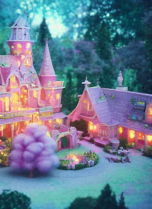 Image similar to Magical enchanted house on a candy biome full of candys, cotton candy trees, cinematic shot, intricate, ornate, photorealistic, ultra detailed, realistic, 100mm, photography, octane, high definition, depth of field, bokeh, 8k, artstation