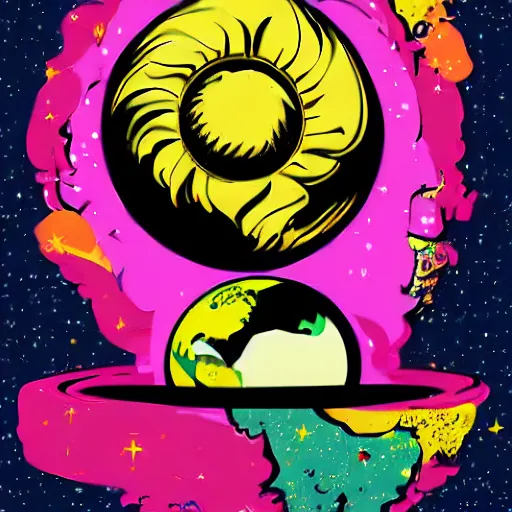 Image similar to 2 planet collapse particle fusion element macro cosmic art by butcher billy, sticker, colorful, illustration, highly detailed, simple, smooth and clean vector curves, no jagged lines, vector art, smooth andy warhol style