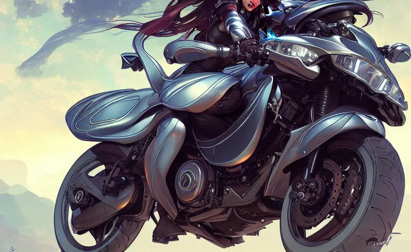 Image similar to Police female riding yamaha motorcycle, sci-fi, highly detailed, digital painting, artstation, concept art, smooth, sharp focus, illustration, art by artgerm and greg rutkowski and alphonse mucha