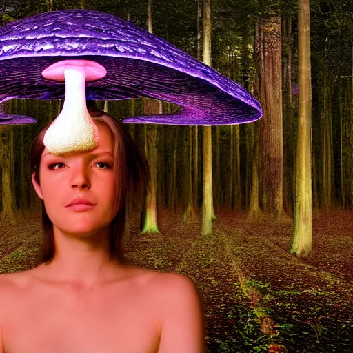 Prompt: a beautiful woman with a mushroom for a head in a massive forest psychedelic still gran cinematic