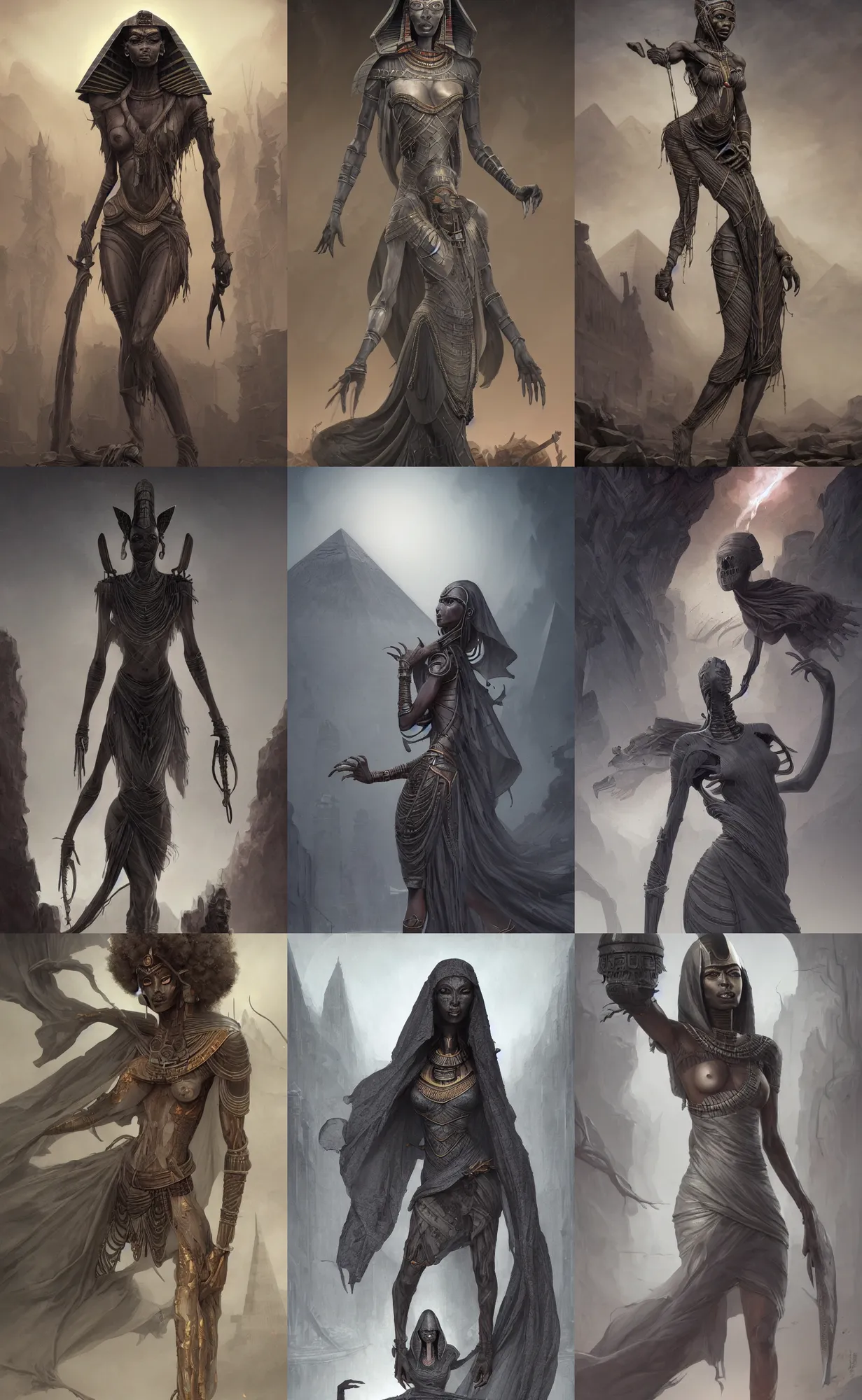 Prompt: dark grey skin, thin corpse, egyptian mummy queen, full body shot, black cold fog background, highly detailed, digital painting, artstation, concept art, sharp focus, illustration, orientalism, art by aleksi briclot and mohrbacher and raphael lacoste and magali villeneuve
