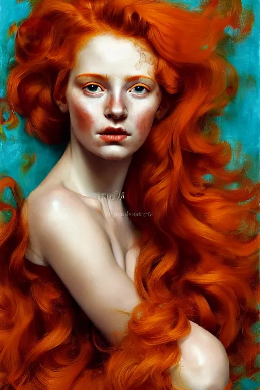 Image similar to hyper realistic painting portrait of a redhead girl with flowing curls and closed eyes, orange subject and turquoise background, hyper detailed face by stjepan sejic, by norman rockwell, by michael hussar, by roberto ferri, by ruan jia, textured turquoise background