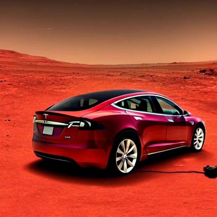 Prompt: photo of a red tesla car crash landing on mars highly detailed, 4 k, hdr, smooth, sharp focus, high resolution, award - winning photo