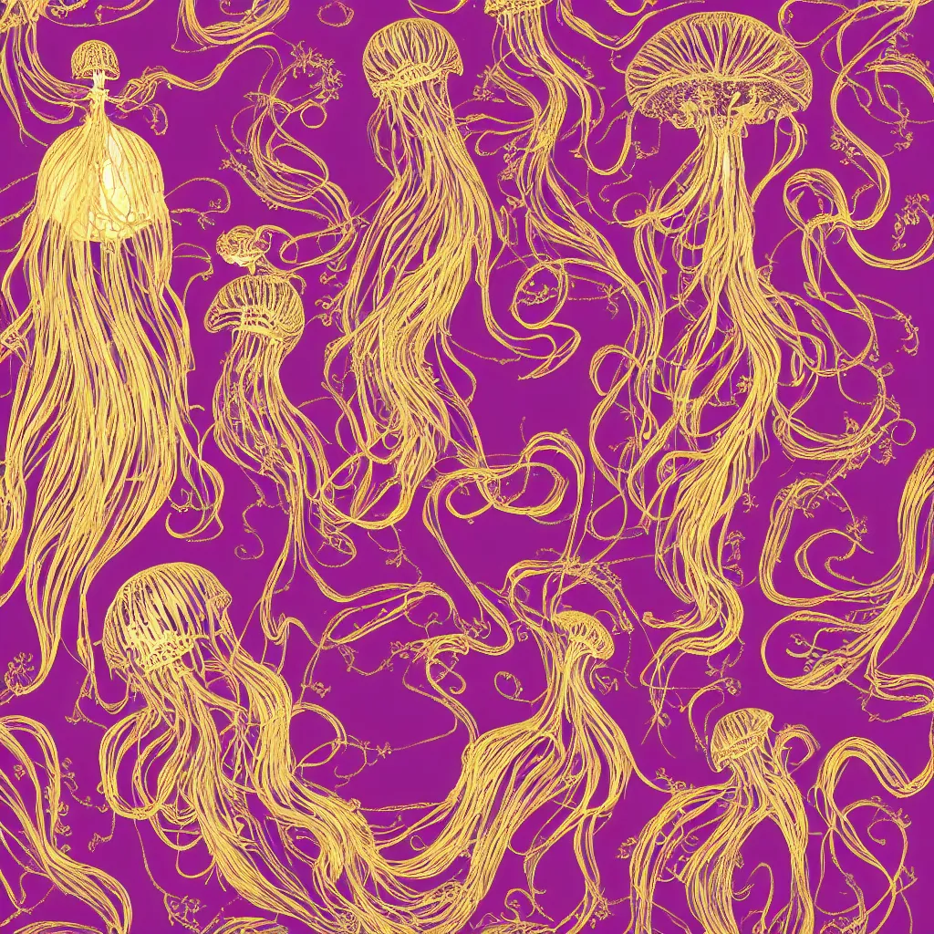 Image similar to Golden purple dress design in the style of rococo,Victorian era,jellyfish element,dreamy, soft,Backlight ,luminescence,highly detailed,8k