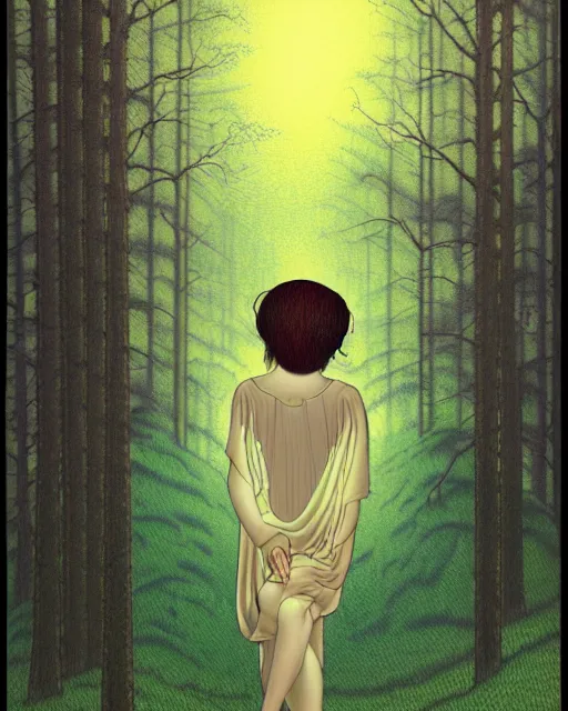 Prompt: in the style of audrey kawasaki, thomas kinkade, shinsui ito, transparent ghost screaming, full body, in the woods, moody lighting