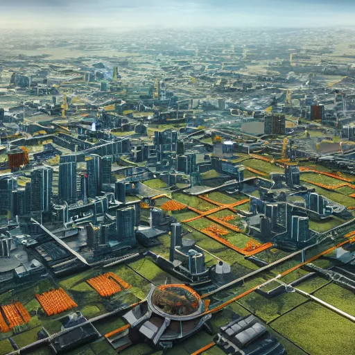 Prompt: a detailed view of a futuristic city in a grass field, in sunny weather, scenery, heavy traffic, rendered with octane, birdeye, view from above, orange color scheme