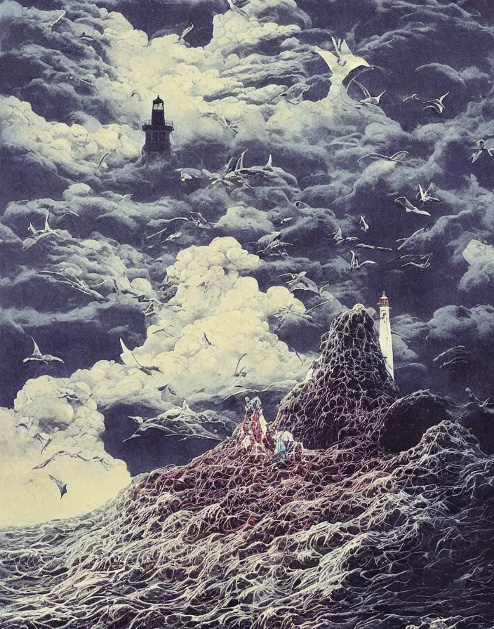 Image similar to worshippers in robes belonging to the cult of the lighthouse standing in waves with ravens flying overhead, a lighthouse, ravens, high detailed beksinski painting, part by adrian ghenie and gerhard richter. art by takato yamamoto and gerald scarfe. masterpiece, dark and moody, deep colours, blue