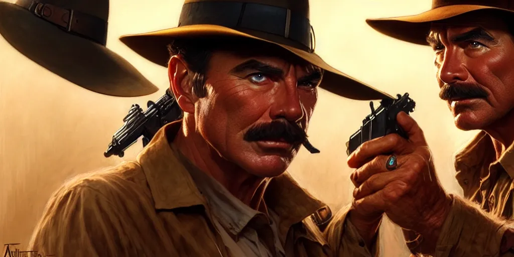 Image similar to tom selleck as indiana jones, cinematic, highly detailed, digital painting, artstation, concept art, matte, sharp focus, illustration, art by artgerm and greg rutkowski and alphonse mucha