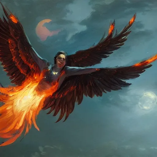 Prompt: phoenix flying in front of the moon, glowing light, fire, oil painting by greg rutkowski, 8 k