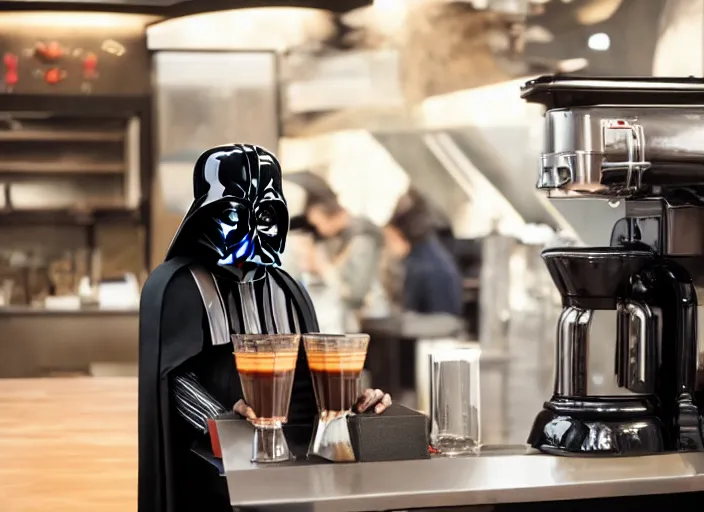 Prompt: film still of Darth Vader working as a barista in the new Star Wars movie, 4k