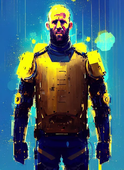 Prompt: jason statham in cyber armor, golden and blue hour, by ismail inceoglu