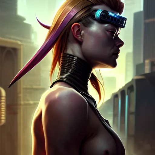 Image similar to portrait painting of a cyberpunk street samurai muscular emma stone with two big broken horns on her head, ultra realistic, concept art, intricate details, eerie, highly detailed, photorealistic, octane render, 8 k, unreal engine. art by artgerm and greg rutkowski and charlie bowater and magali villeneuve and alphonse mucha