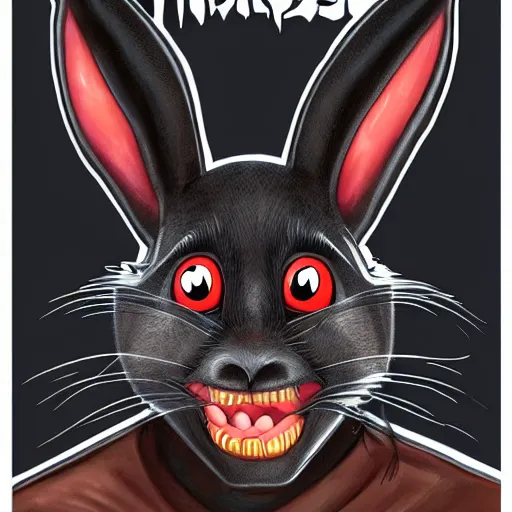 Image similar to A extremely highly detailed majestic hi-res beautiful, highly detailed head and shoulders portrait of a scary terrifying, horrifying, creepy black cartoon rabbit with scary big eyes, earing a shirt laughing, hey buddy, let's be friends, in the art style of Walt Disney