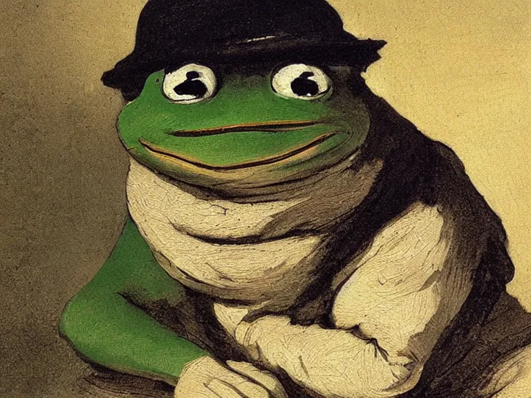 Image similar to beautiful painting of pepe the frog in the village, by Francisco Goya, high detail, high resolution