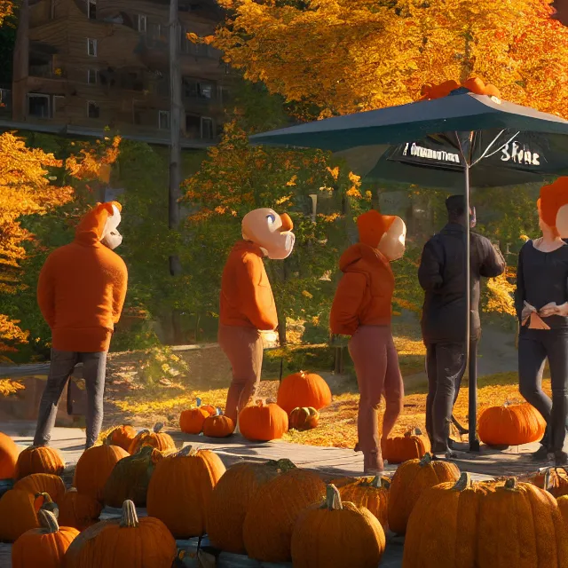 Image similar to pumpkin headed people ordering coffee at a coffee stand, maple trees with fall foliage, on a mountain in new hampshire, volumetric, realistic, cinematic lighting, ray tracing, unreal engine 5, octane render, hyper realistic, photo, 8 k