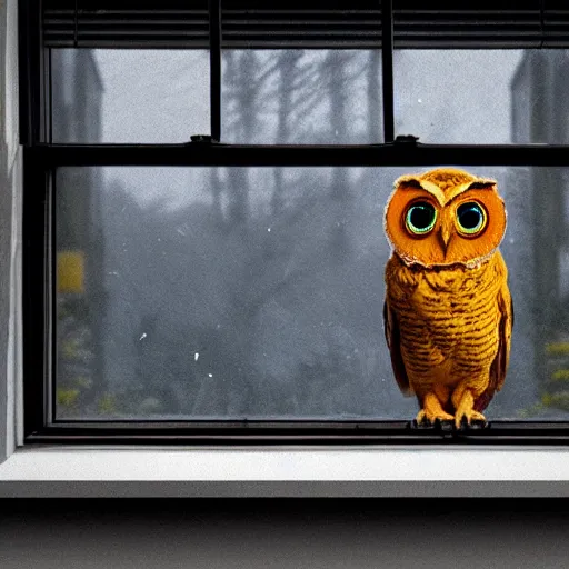 Image similar to a photo of the Duolingo owl peering into a window of a house on a dark and stormy night