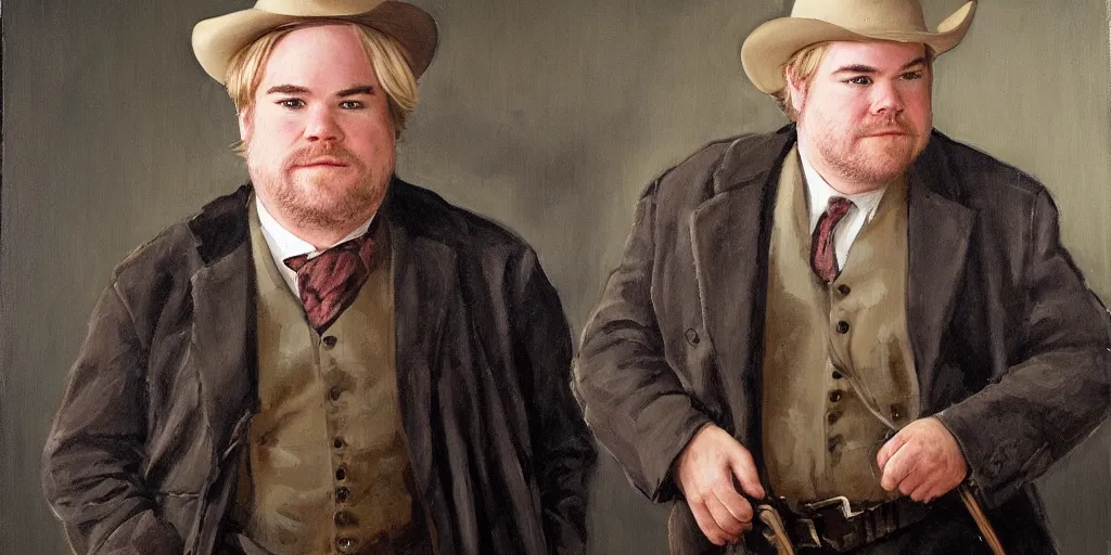 Prompt: oil painting portrait of Phillip Seymour Hoffman as an old west banker in a busy old west town