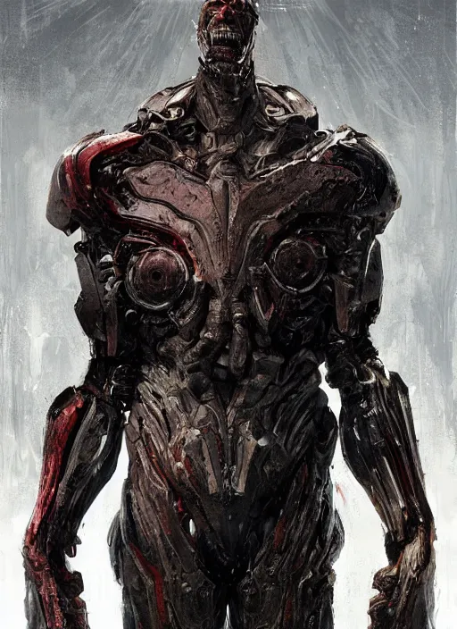 Image similar to willem dafoe as victor stone, full body concept, cyborg, borg, strogg, face of a man, terminator, flesh, quake strogg, doom demon, wolfenstein, monstrous, powerful, symmetry, symmetrical, concept art by ruan jia and greg rutkowski