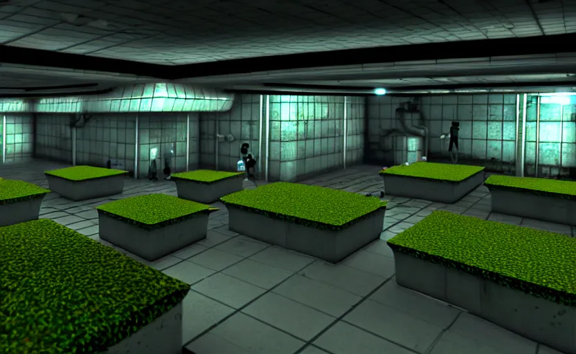 Image similar to in-game screenshot of a group of hazmat scientists on Playstation 2, in a liminal underground garden, photorealistic, retrofuturism, brutalism, staggered terraces, minimalist, soft vintage glow