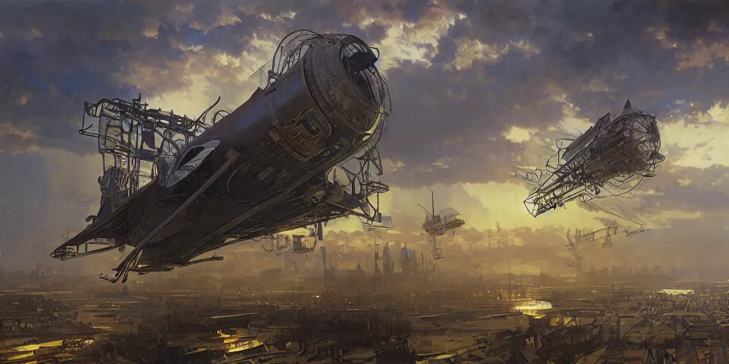 Prompt: a steampunk airship emerges over the horizon of a bladerunner city, artwork by alphonse mucha, darek zabrocki, dramatic lighting, long shadows, brushstrokes, paper texture.