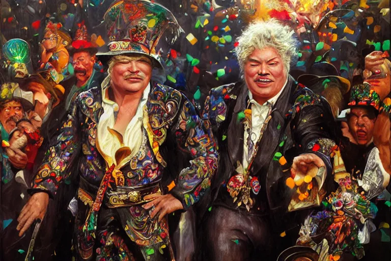 Prompt: portrait of rip taylor throwing confetti during a mexican funeral parade, an oil painting by ross tran and thomas kincade