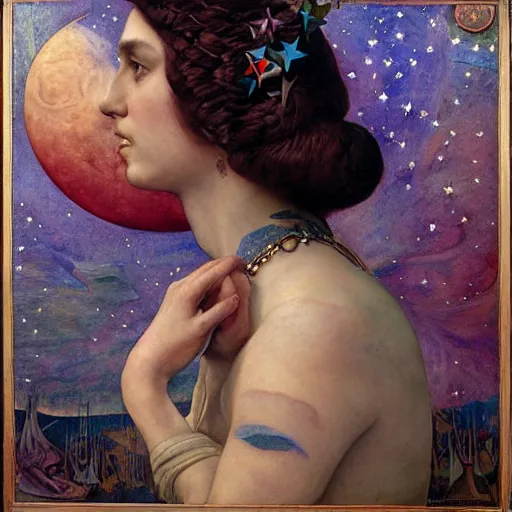 Image similar to queen of the moon with stars in her hair, by annie swynnerton and tino rodriguez and nicholas roerich and lucien freud and jean delville and tom bagshaw, dramatic lighting, floral tattoos, rich colors, smooth sharp focus, extremely detailed, adolf wolfli