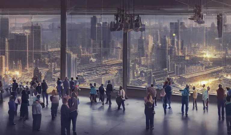 Prompt: large group people in simple warehouse, looking at hologram of futuristic downtown on a table, cinematic concept art, godrays, golden hour, natural sunlight, 4 k, clear details, tabletop model buildings, center model skyscrapers, hologram center, crane shot, crane shot, crane shot, clear details, windows