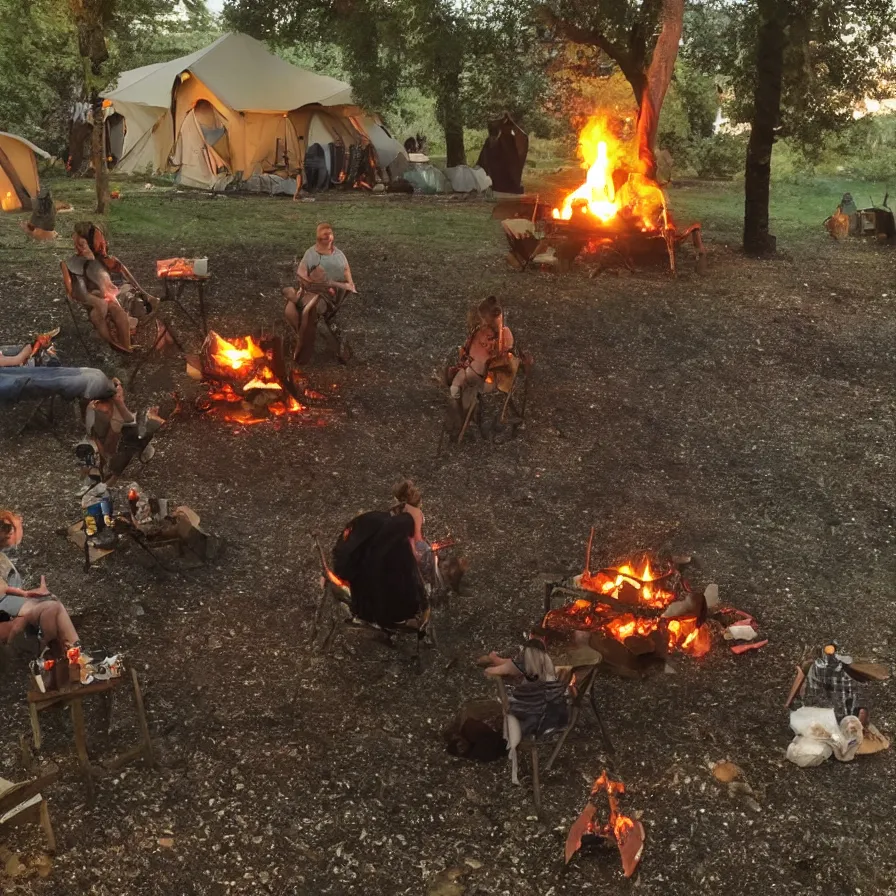 Prompt: a nice evening around the camp fire, friends are drinking and laughing, there is a monster behind the tree