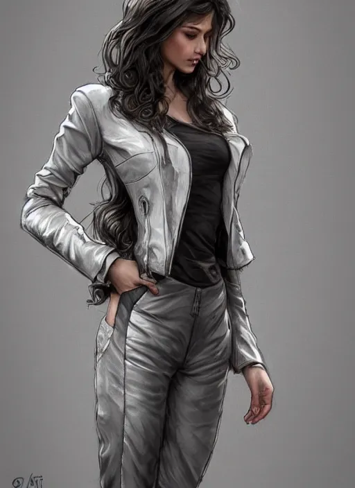 Image similar to girl in short white! top and short gray! leather jacket, long dark curly hair, high waist sweatpants, intricate, elegant, highly detailed, digital painting, artstation, concept art, smooth, clockwork, sharp focus, illustration, metart, art by artgerm and greg rutkowski and alphonse mucha, 8 k