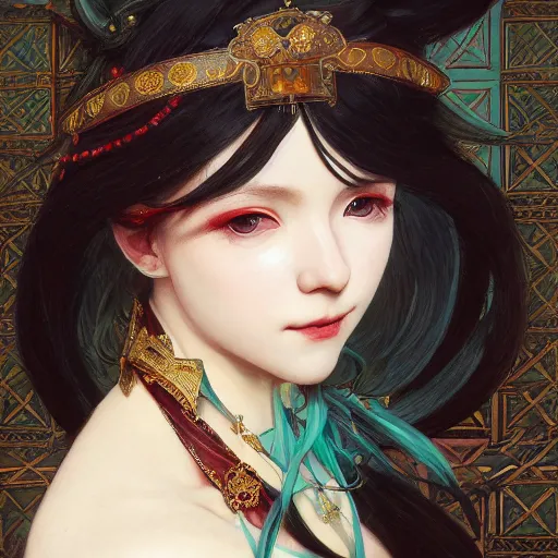 Prompt: a beautiful portrait of hatsune miku with long black and deep red colored hair dressed as a 1 0 th century european noblewoman, intricate, elegant, highly detailed, digital painting, artstation, concept art, matte, sharp focus, illustration, art by greg rutkowski and alphonse mucha