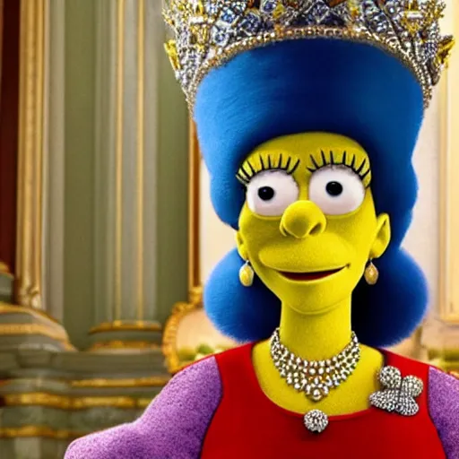 Image similar to movie still of marge simpson as the queen of england