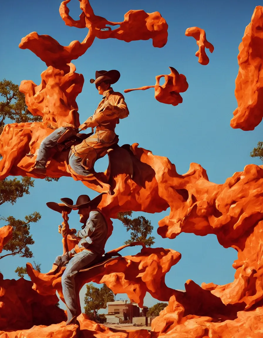 Prompt: a cowboy turning into blooms by slim aarons, by zhang kechun, by lynda benglis, by frank frazetta. tropical sea slugs, angular sharp tractor tires. bold complementary colors. warm soft volumetric light. 8 k, 3 d render in octane unreal engine. a manly cowboy riding by syd mead. sculpture by antonio canova. blue orange