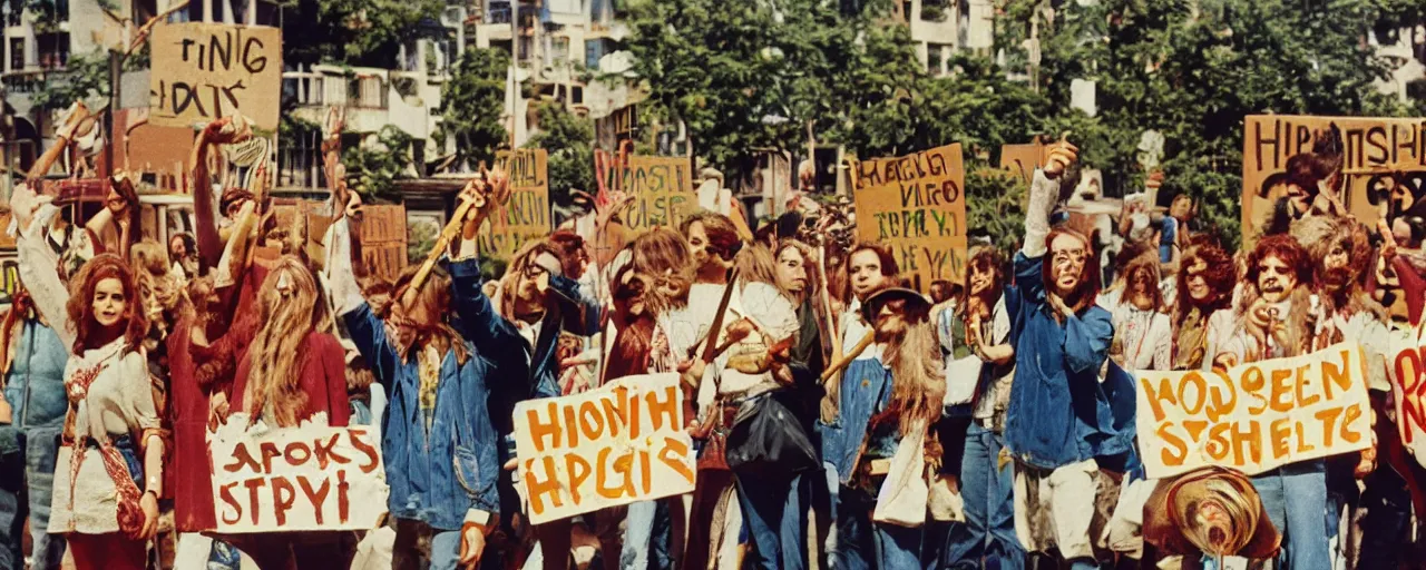 Prompt: hippies protesting with spaghetti signs, 1 9 6 0's,, high detail, canon 5 0 mm, wes anderson film, kodachrome