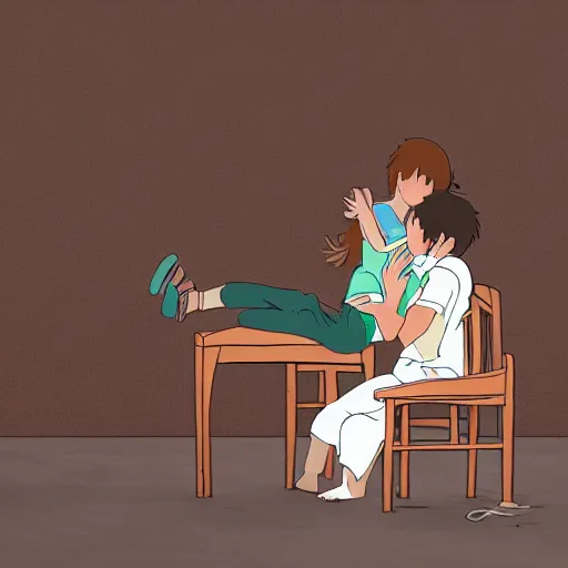 Prompt: my beautiful wife, sitting on a small wooden chair, with arms outstretched to our son for a hug, cartoon style, studio Ghibli, extreme detail, 8k