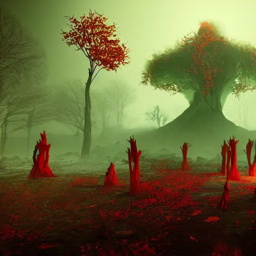 Image similar to crimson forest with a ghost and a cult in it, surreal, sharp focus, digital art, epic composition, concept art, dynamic lighting, intricate, highly detailed, 8 k, unreal engine, blender render