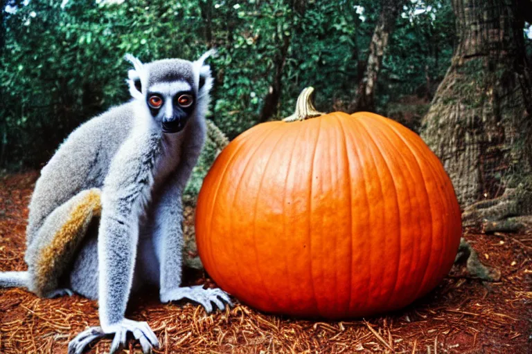 Image similar to a photo of a giant mutant lemur pumpkin in its natural habitat, kodak ektachrome e 1 0 0 photography