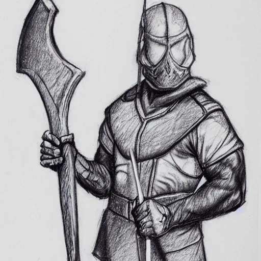 Prompt: a Ballpoint pen art sketch of an executioner holding a big axe.