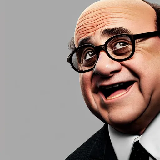 Image similar to digital art of portrait of danny devito, excited facial expression, head - and - shoulders shot, white background, cute pixar character, houdini 3 d render