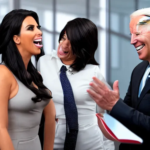 Prompt: stock photo of kim kardashian, and joe biden wearing suits and ties laughing in an office building, 8k resolution, full HD, cinematic lighting, award winning, anatomically correct