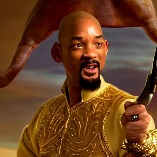 Image similar to will smith as the genie from alladin with a pistol, photo realistic, 8 k, detailed, will smith, alladin