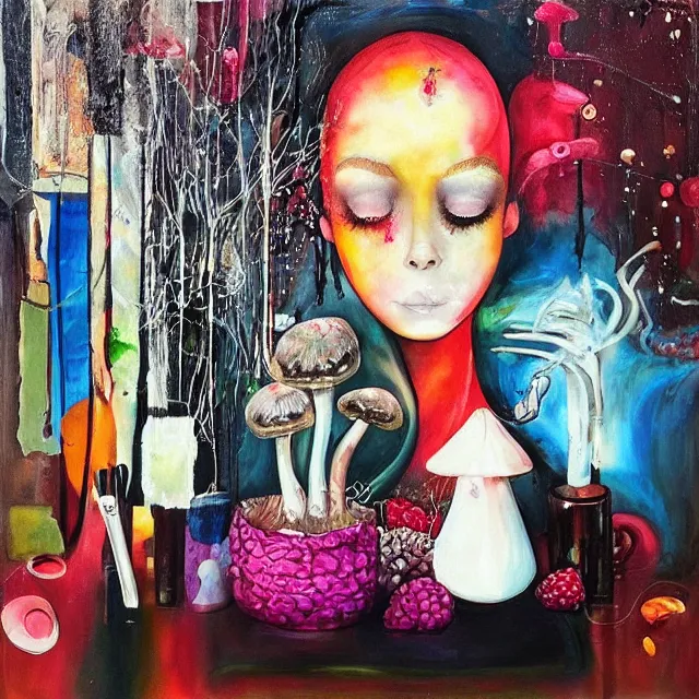 Image similar to “ surrealism, a portrait in a female art student ’ s apartment, mushrooms, sensual, art supplies, a candle dripping white wax, berry juice drips, acrylic and spray paint and oilstick on canvas, neoexpressionism ”