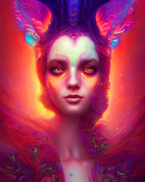 Image similar to lsd, acid trip, intricate fractals, a detailed portrait of a beautiful woman with ( fox ) features, in professional makeup, dramatic lighting, by lois van baarle, ross tran, greg rutkowski, background of ultra detailed colorful repeating fractals psychedelic by moebius, beeple, artstation