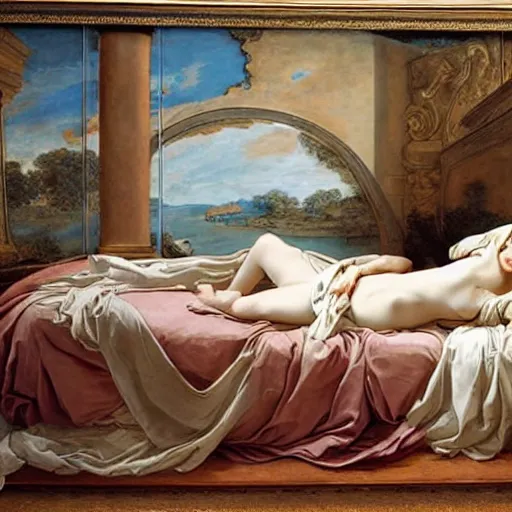 Image similar to by charles le brun, by greg land balmy. a kinetic sculpture of a woman reclining on a bed.