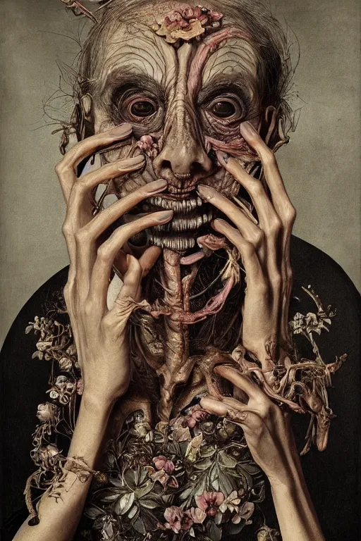 Image similar to Detailed maximalist portrait of a beautiful old woman with large lips and eyes, scared expression, botanical skeletal with extra flesh, HD mixed media, 3D collage, highly detailed and intricate, surreal illustration in the style of Caravaggio, dark art, baroque, centred in image