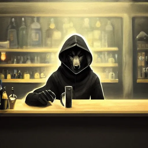 Image similar to Wolf like a Human, dressed black hoodie, sitting at the bar, light falls on him, sad mood, digital art, artstation, high quality, detailed,