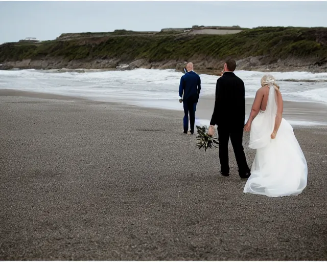 Prompt: a bride and groom walk together on a beach with a rotting dead whale, wedding photography