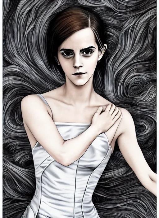 Image similar to full length photo of Emma Watson in the style of Junji Ito, full body, not realistic, sharp focus, 8k high definition, insanely detailed, intricate, elegant, art by stanley lau and artgerm