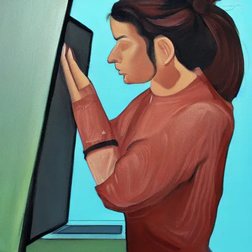 Image similar to a painting of an extremely concerned artist crying in front of a computer