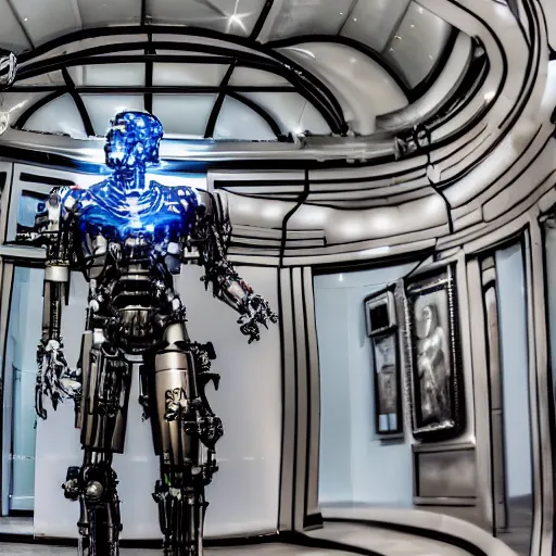 Image similar to cybernetic cyborg futuristic cyberpunk suit of armor in a museum, year 2200, wide angle, center frame